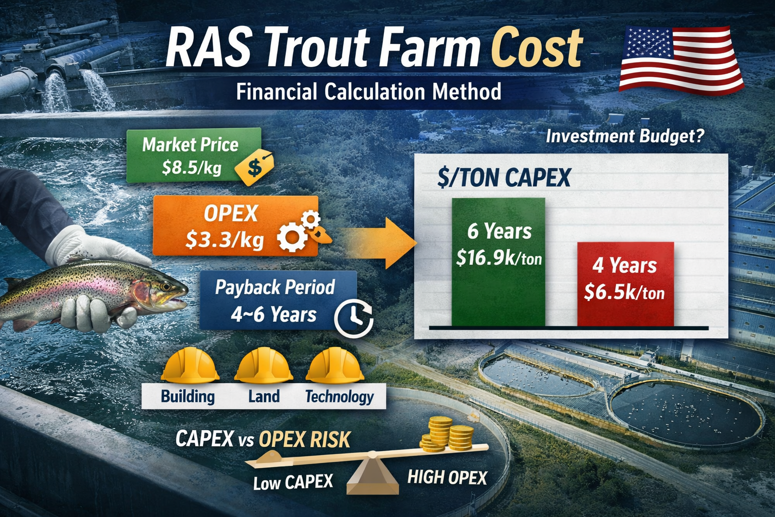 RAS trout farm cost calculation diagram showing CAPEX per ton, OPEX, payback period and financial model example (USA market, 350 g fish)